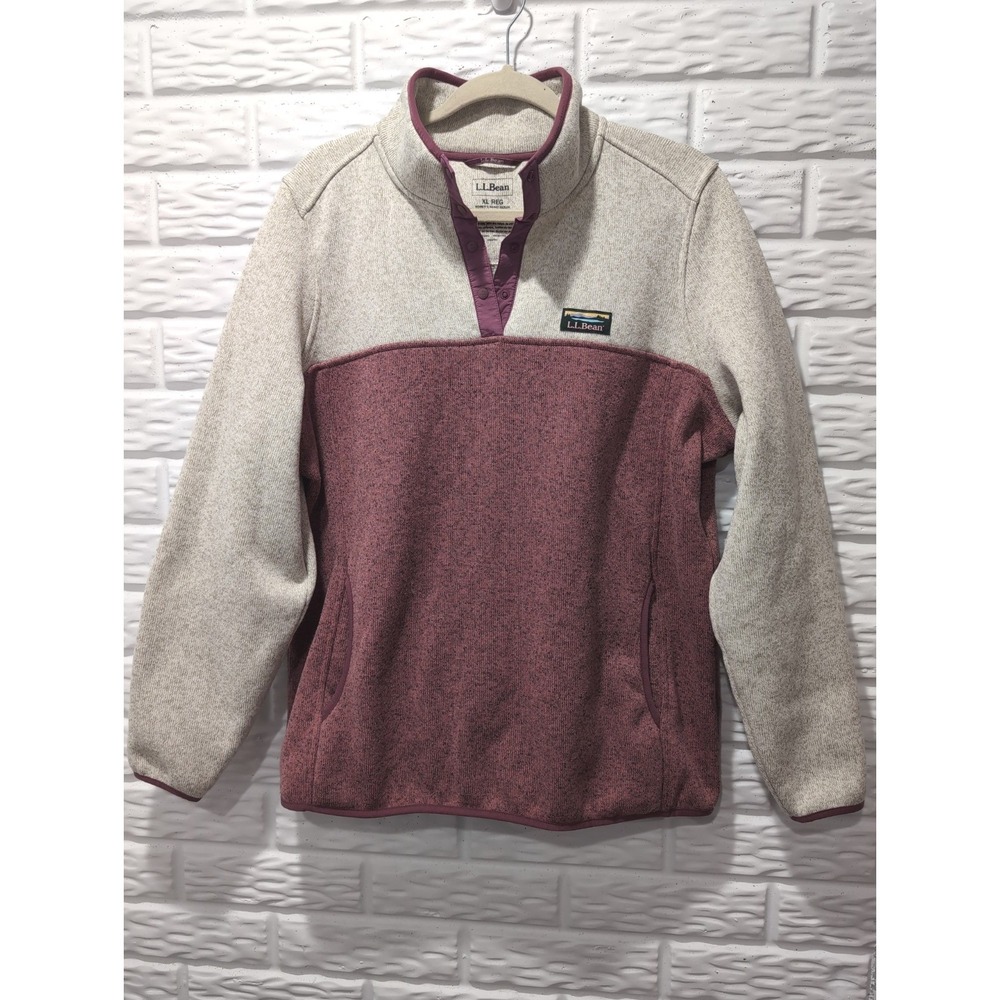 LL Bean Sweater Fleece Snap Neck Womens XL Cream Mauve Color Block Gorpcore